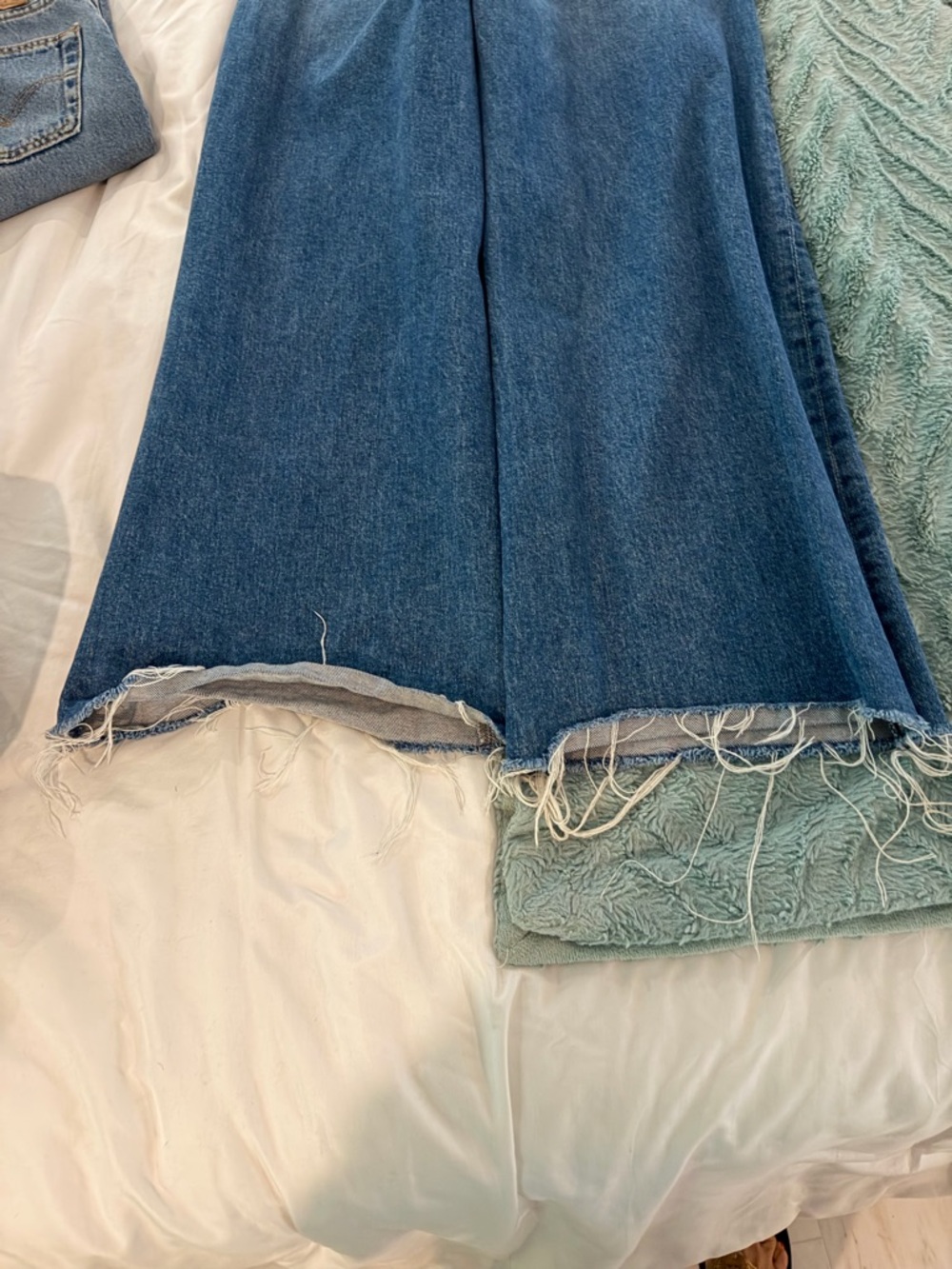 MOTHER Blue High-Rise Wide Leg Jeans with Frayed Hem